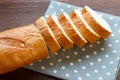 Baguette. Baguette slices on a linen napkin. Breakfast bread. Traditional French baguette cut into slices. Close-up. Royalty Free Stock Photo