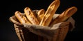 Baguette bread cake on rattan basket and napkin copy space background