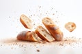 Baguette bread with falling crumbs on white background, isolated for optimal focus Royalty Free Stock Photo