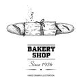 Baguette bread in paper top view sketch drawing. Hand drawn sketch style bakery shop product. Fresh morning baked food vector illu