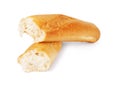 Baguette is broken into two parts on a white background Royalty Free Stock Photo