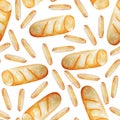 Baguette crouton, sliced bread watercolor seamless pattern