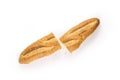 Baguette cut in half. Baguette bread, French bread. Organic baguette francese on white background. Royalty Free Stock Photo