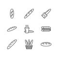 Baguette, food flat line icons. Bread house, french loaf in basket vector illustration, bakery products sign Royalty Free Stock Photo