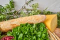 Baguette. Fresh bread, pastries. Table full of mediterranean appetizers, tapas or antipasto. Assorted Italian food set Royalty Free Stock Photo