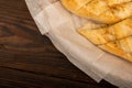 Baguette with garlic paste cut into pieces, close-up, selective focus Royalty Free Stock Photo