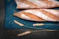 Baguette halves lie on a dark napkin on a black surface. Nearby there are spikelets of wheat