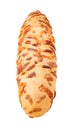 Baguette, long bun with pieces of baked cheese, isolated on white background with clipping path