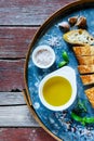 Baguette, Olive oil and basil Royalty Free Stock Photo