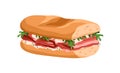 Baguette sandwich. Bacon and arugula greens stuffing between long wheat bread. Tasty snack, delicious fast food with