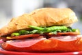 Baguette sandwich cut in half with ham, turkey breast, cheese, lettuce and tomatoes on a cutting board closeup Royalty Free Stock Photo