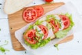 Baguette sandwich with ham, tomatoes and lettuc