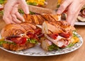 Baguette sandwiches with meat, vegetables and cheese Royalty Free Stock Photo