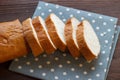 Baguette. Baguette slices on a linen napkin. Breakfast bread. Traditional French baguette cut into slices. Close-up. Royalty Free Stock Photo