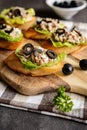 Baguette slices with tuna meat, onion, olives, egg and lettuce Royalty Free Stock Photo