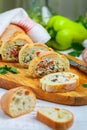 Baguette stuffed with a salad of baked chicken, cheese and fresh vegetables Royalty Free Stock Photo