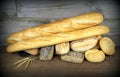 Baguette and various breads on Wall background Royalty Free Stock Photo