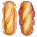 Baguettes sub sandwiches with salami ham and cheese from above isolated on white Royalty Free Stock Photo