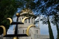 Baha`i shrine and temple in Hafia as seen through wroght iron fence