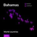Bahamas 3D map. Stylized striped isometric neon vector Map of Bahamas is in violet colors on black background