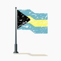 Bahamian flag with scratches, vector flag of Bahamas waving on flagpole with shadow.