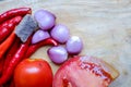 Bahan sambal terasi. Chili, cayenne pepper, shrimp paste, tomatoes, shallots, . Sambal is a complementary food in Indonesia.