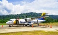 Bahia Solano, Colombia, March 30, 2019, Satena ATR 42 airplane at Jose Celestino Mutis Airport Royalty Free Stock Photo