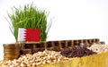 Bahrain flag waving with stack of money coins and piles of seeds Royalty Free Stock Photo