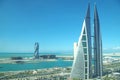 The Bahrain World Trade Center is a 240-metre-high, 50-floor, twin tower complex located in Manama with the famous twisted spiral Royalty Free Stock Photo