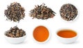 Bai Hao Oriental Beauty Oolong, collection of loose leaves and bowls of brewed Chinese tea isolated on white