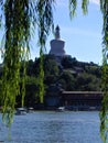 Bai Ta White Pagoda in Beihai Park, sunny day, boats and weeping willow in Beijing city, China
