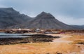 Baia Das Gatas. North of Calhau, Sao Vicente Island Cape Verde. Mysterious landscape of sandy coastline with fisher