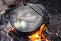 Baikal Fish soup with grayling cooked in large castiron pot at bonfire