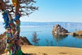 Baikal Lake.Olkhon Island at spring day. View on Shamanka Rock Royalty Free Stock Photo