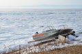 Baikal lake, Russia, March, 01, 2017. Boat of State inspection on the shores of lake Baikal in winter