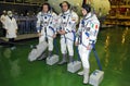 Astronauts Virts, Shkaplerov and Cristoforetti in Sokol suits Royalty Free Stock Photo