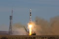 Baikonur, Kazakhstan - April 20, 2017: Launch of the spaceship `Soyuz MS-04` to ISS with shortened crew Royalty Free Stock Photo