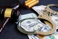 Bail bond. Corruption. Gavel, handcuffs and money. Royalty Free Stock Photo