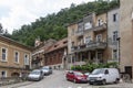 Street view vith old buildings in the old area of the city Baile Herculane, Caras-Severin, Romania. Royalty Free Stock Photo