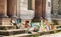 Baile Herculane, Romania. August, 16, 2019- outdoor antique shop. Old books for sale on the stairs of an old house