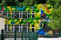 Baile Herculane, Romania. August, 16, 2019- a school painted very beautifully in graffiti, with a three-dimensional model