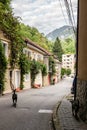 BAILE HERCULANE - SEPTEMBER 15, 2022: Typical romanian rural street in Baile Herculane, with individual houses, with a stray dog