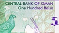 100 Baisa banknote, Issued on 1995, Bank of Oman. Fragment: Name of bank and animals background Royalty Free Stock Photo