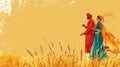 Baisakhi, Vaisakhi, a Sikh couple in traditional outfits in a wheat field, husband and wife, vintage