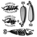 Bait fishes and frog on white in engraving style. Logo for fishing or fishing shop on white Royalty Free Stock Photo