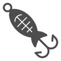 Bait solid icon. Lure in fish form vector illustration isolated on white. Fishing hook glyph style design, designed for Royalty Free Stock Photo