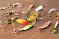 Baits for fishing is on the wooden background