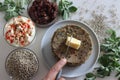 Bajra methi thepla. Indian flat bread made of pearl millet flour, fenugreek leaves, sesame seeds, yogurt and spices. Served with Royalty Free Stock Photo