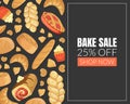 Bake Sale Card Template with Baking Products Seamless Pattern, Element Can Be Used for Bakery Shop, Cafe Menu