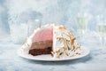 Baked Alaska, chocolate and strawberry ice cream cake with meringues